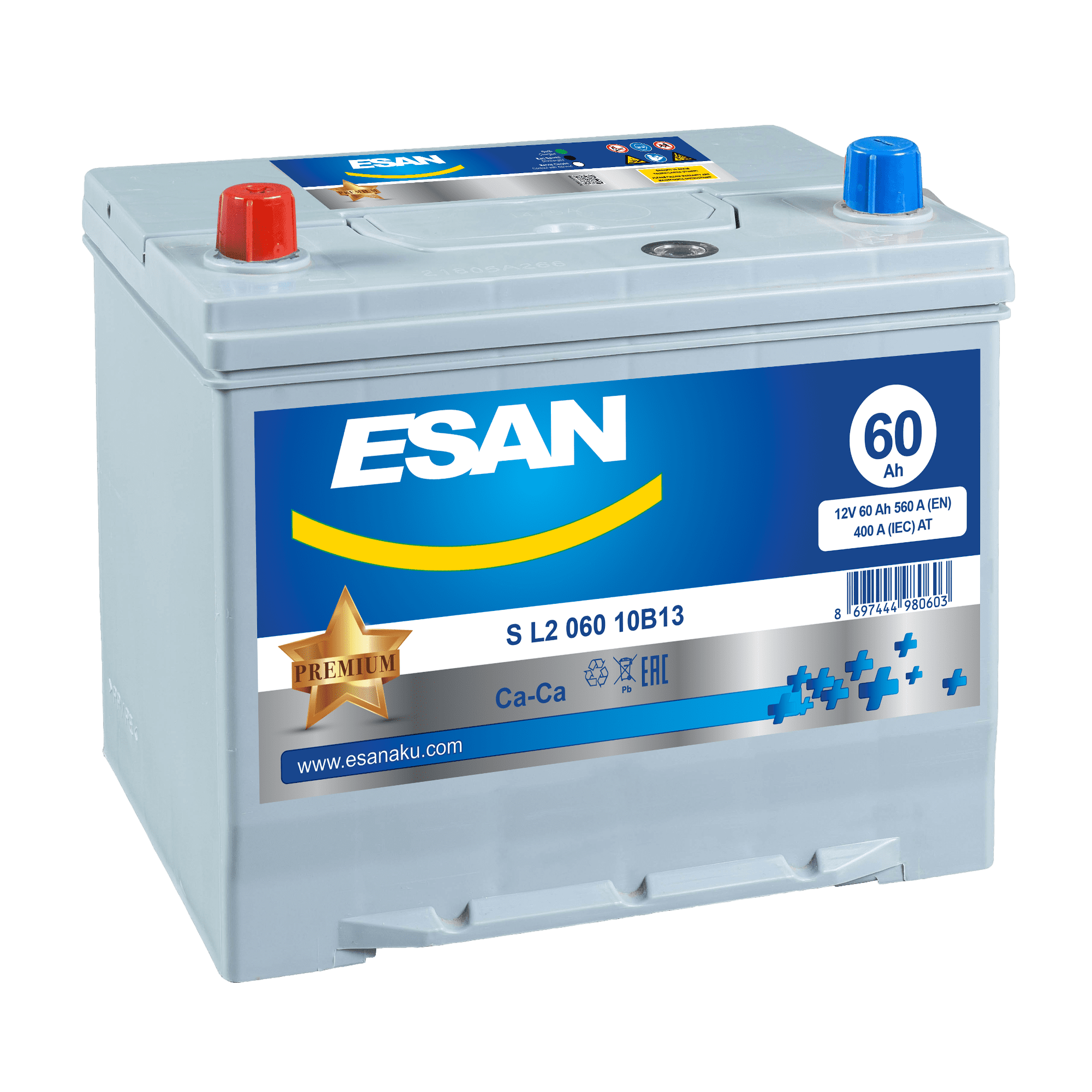 Автомобильная аккумуляторная батарея ESAN SMF S L2 060 10B13, 60 Ач, L2 DIN, 0/1