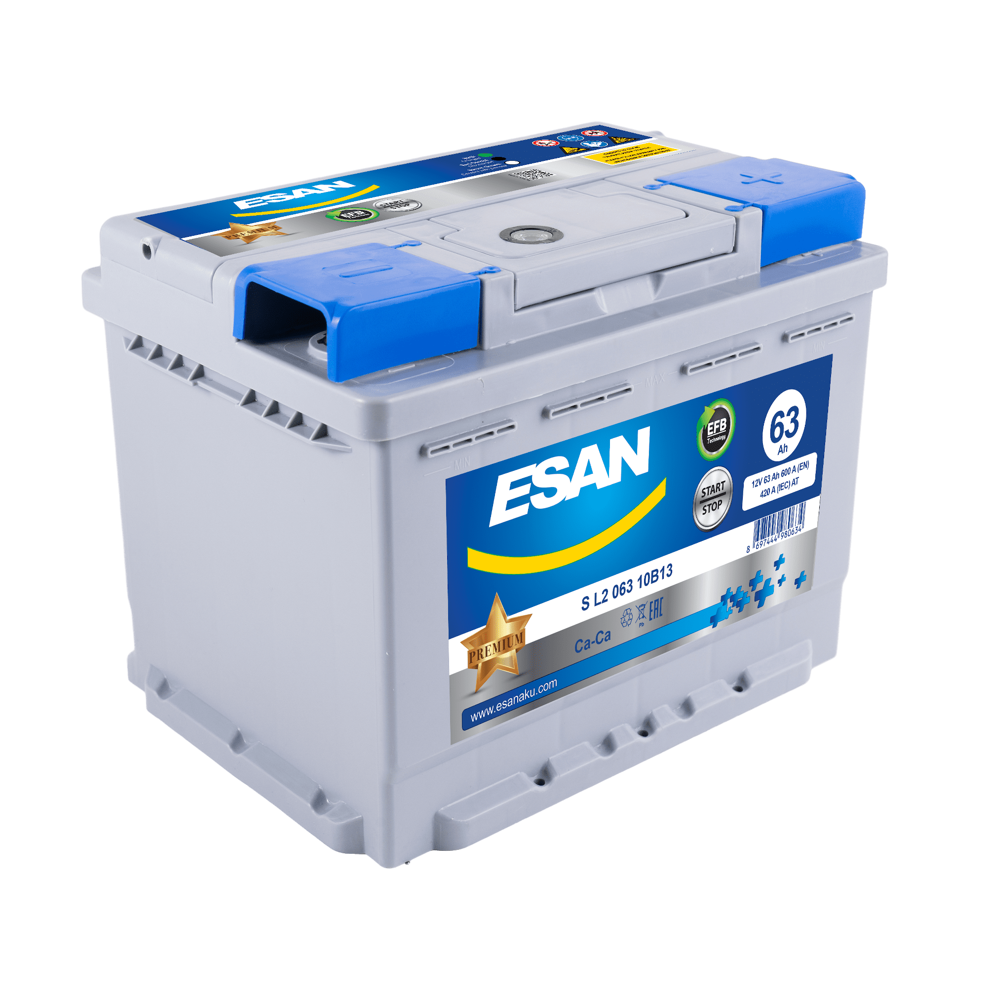 Автомобильная аккумуляторная батарея ESAN EFB Start-Stop S L2 063 10B13, 63 Ач, L2 DIN EFB, 0/1