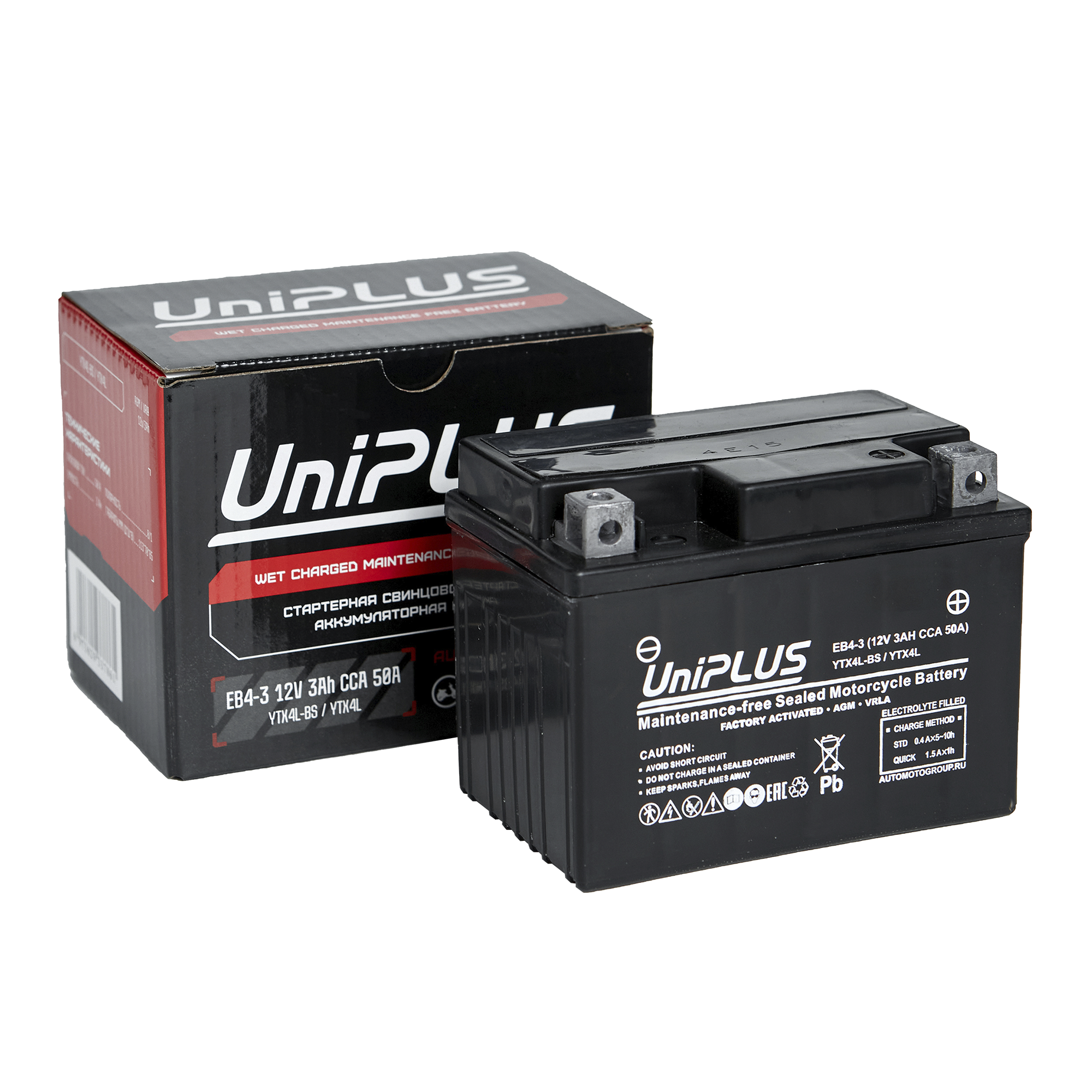 Мотоциклетная аккумуляторная батарея UniPLUS High Performance EB4-3, 3 Ач, 0/1