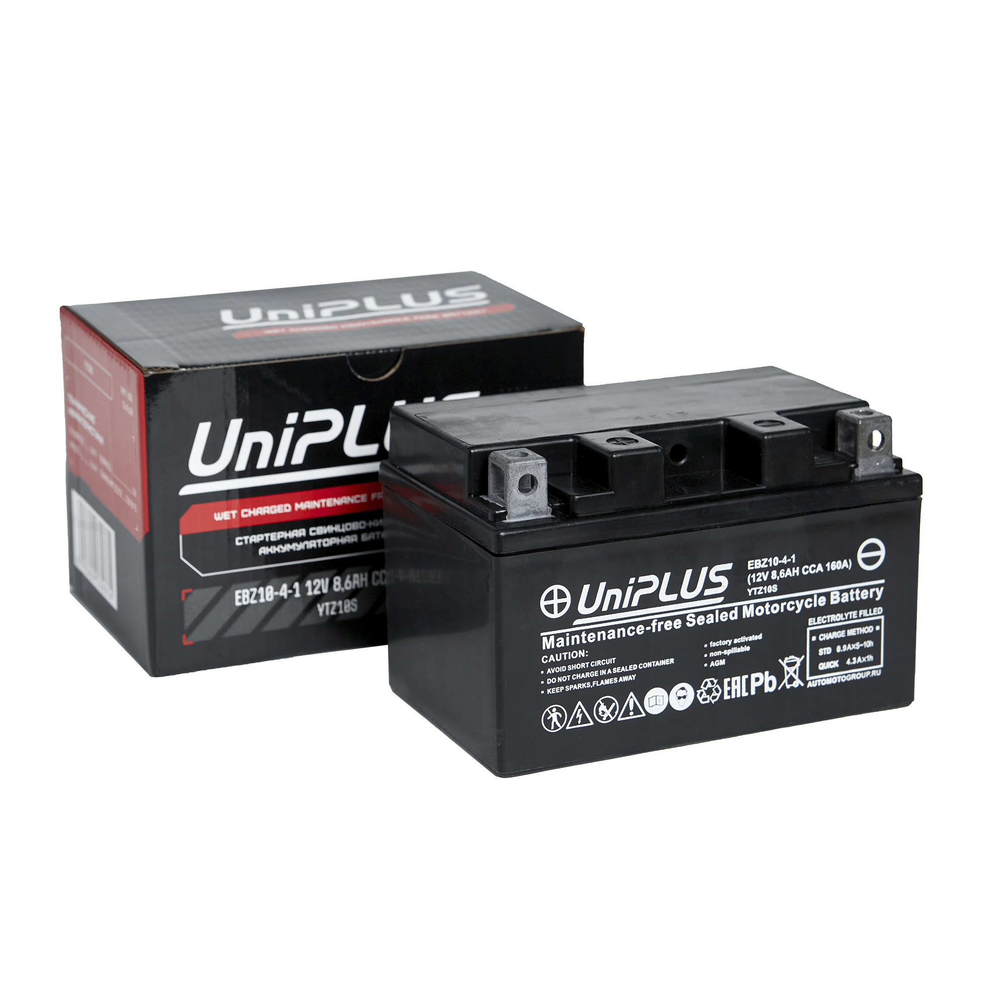 Мотоциклетная аккумуляторная батарея UniPLUS High Performance EBZ10-4-1, 8,6 Ач, 1/0