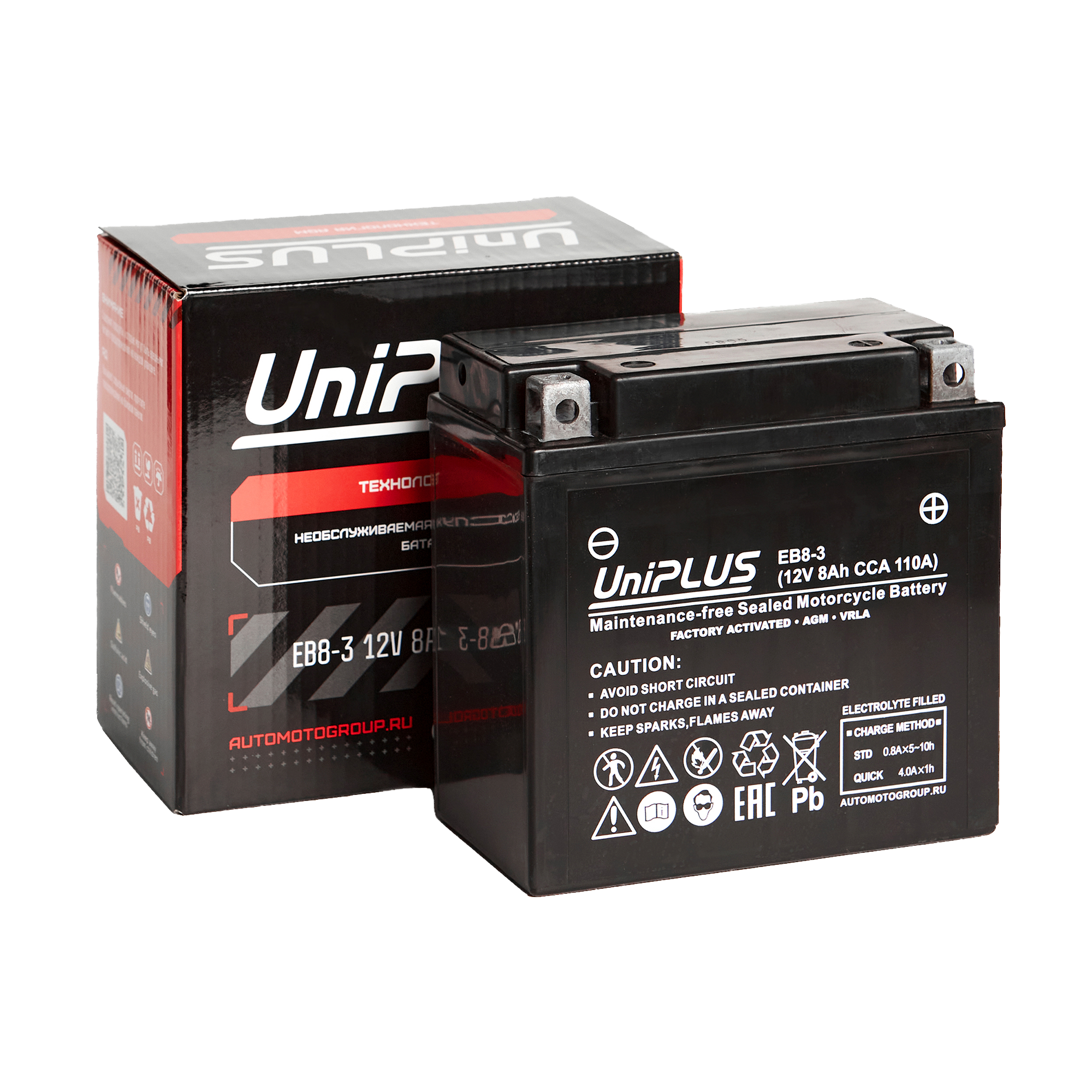 Мотоциклетная аккумуляторная батарея UniPLUS High Performance EB8-3, 8 Ач, 0/1