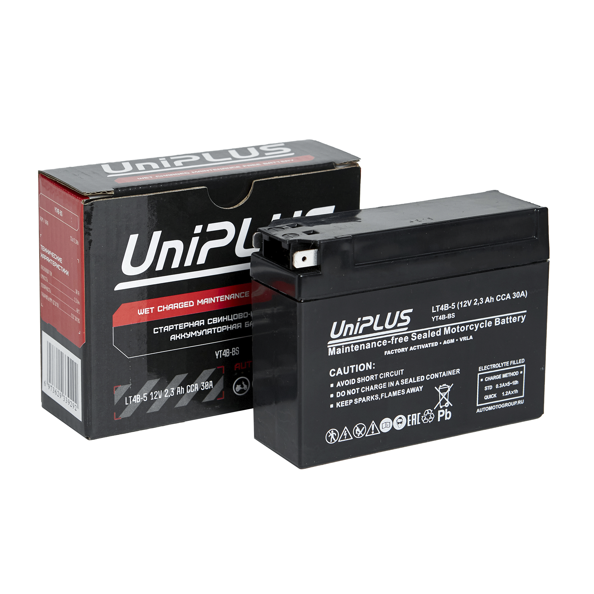 Мотоциклетная аккумуляторная батарея UniPLUS SuperStart LT4B-5, 2,3 Ач, 0/1(с торца)