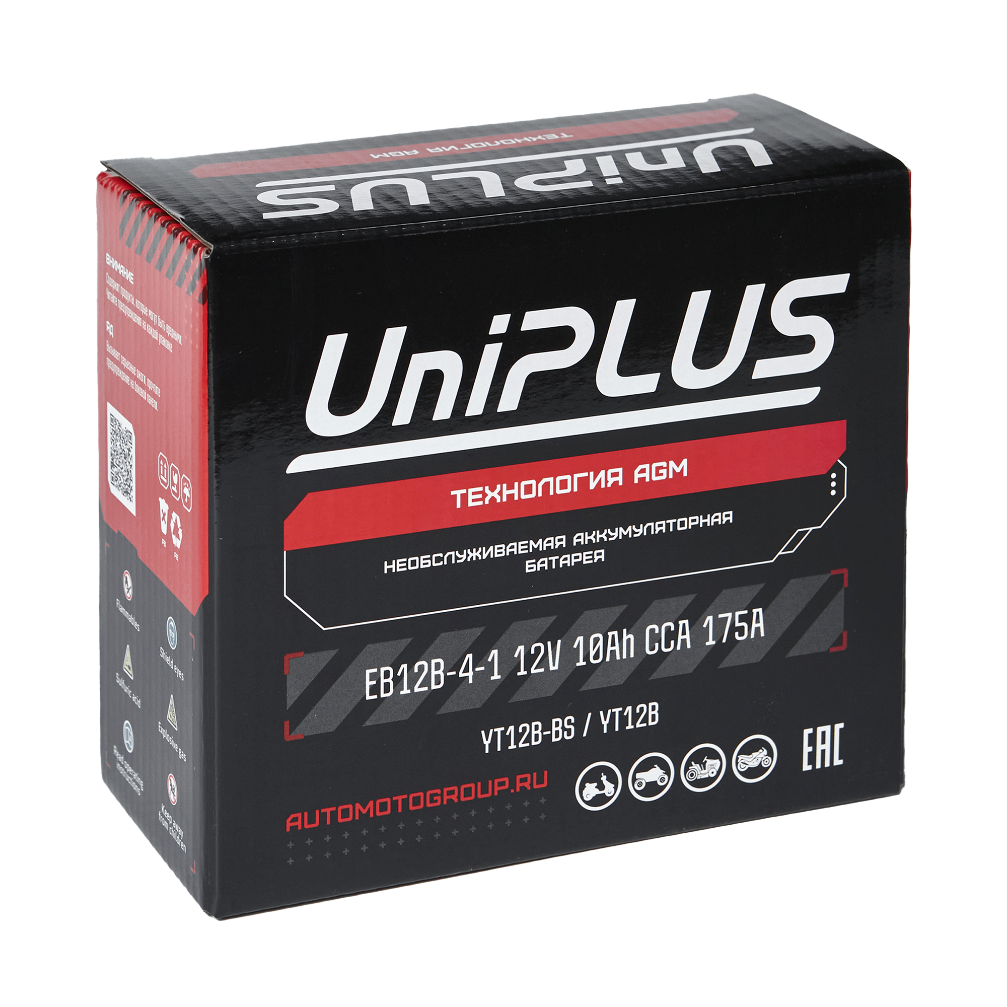 Мотоциклетная аккумуляторная батарея UniPLUS High Performance EB12B-4-1, 10 Ач, 1/0