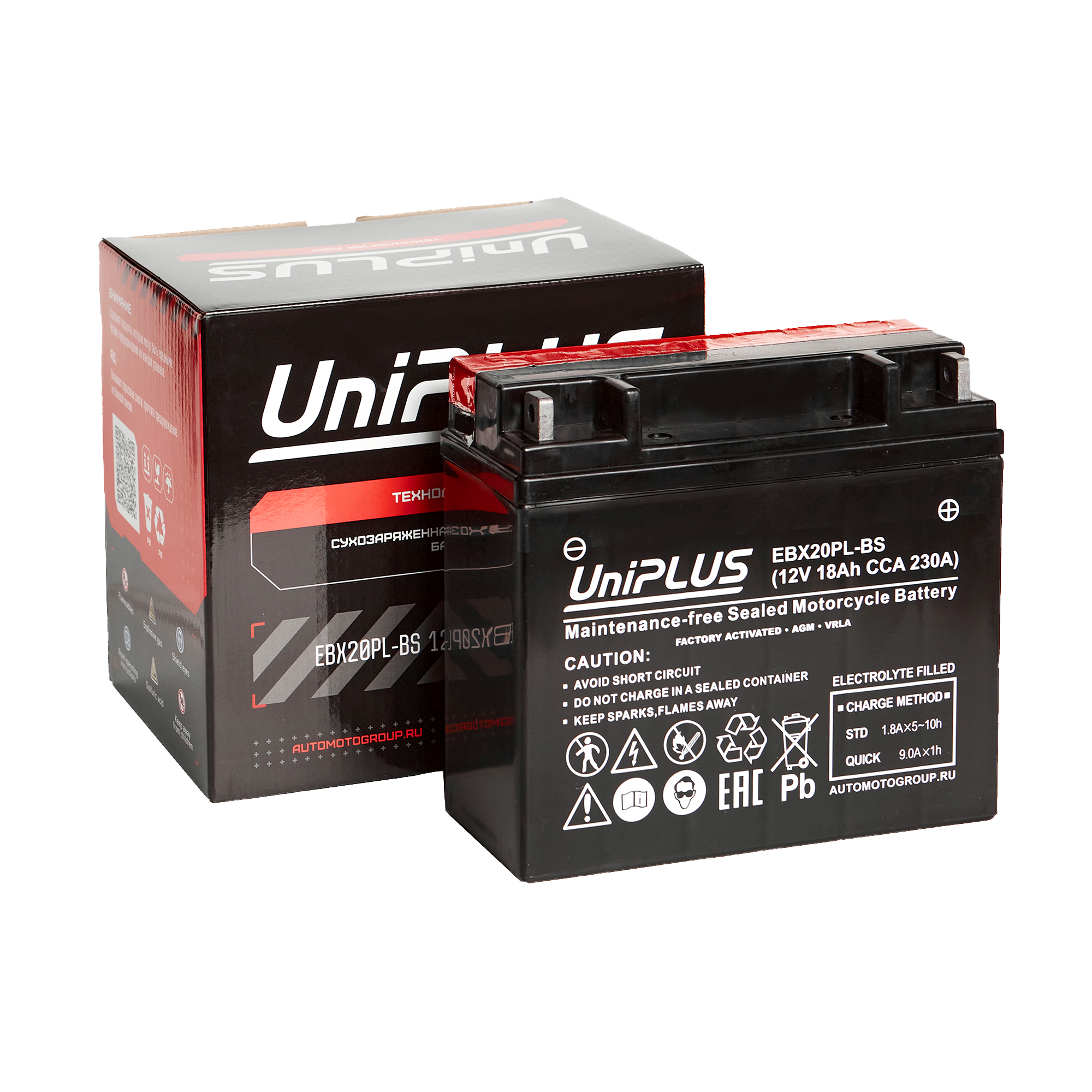 Мотоциклетная аккумуляторная батарея UniPLUS High Performance EBX20HL-BS, 18 Ач, 0/1