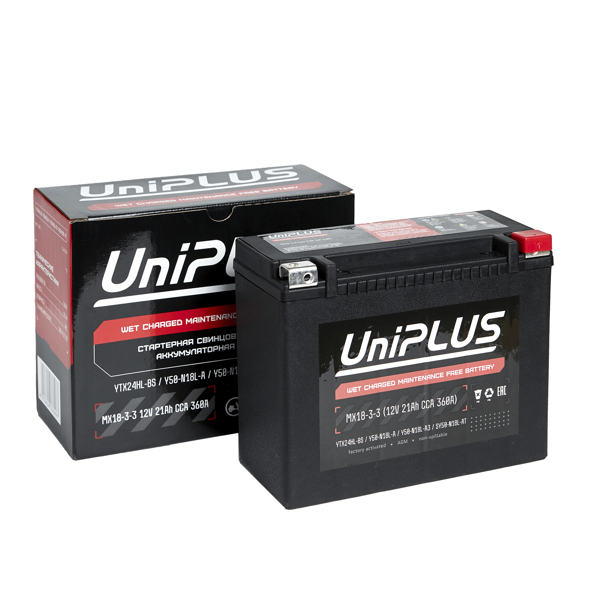 Мотоциклетная аккумуляторная батарея UniPLUS Power Sport MX18-3-3, 21 Ач, 0/1